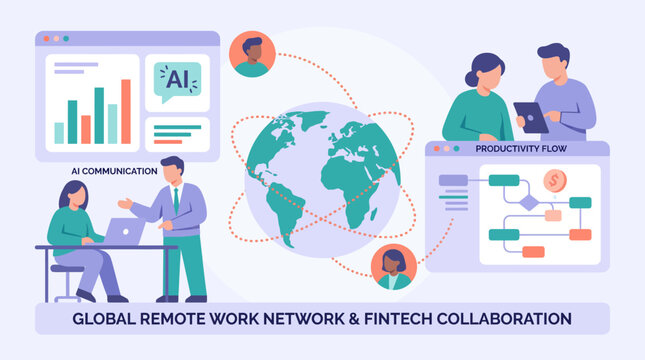 Global Remote Work Network and Fintech Collaboration &ndash; Worldwide Digital Team Connection on World Map, Flat Illustration