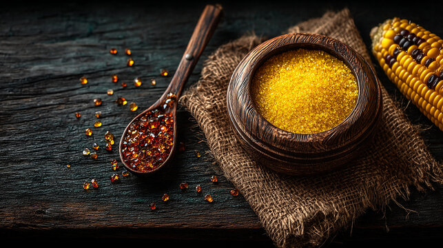 Cornmeal in wooden bowl with spoon of spices and corn on dark wooden surface, staple food