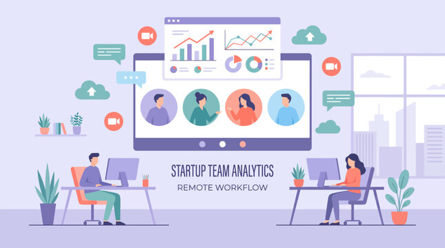 Flat Design Illustration of Remote Work Team Using Startup Analytics Platform for Collaborative Workflow Management and Team Communication