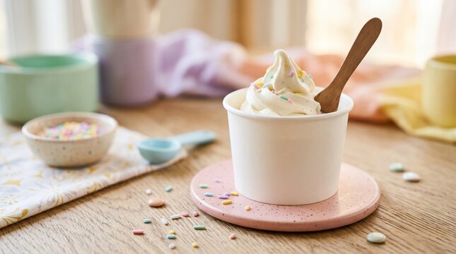 Soft Serve Ice Cream in White Paper Cup with Colorful Sprinkles and Wooden Spoon on Pastel Pink Plate