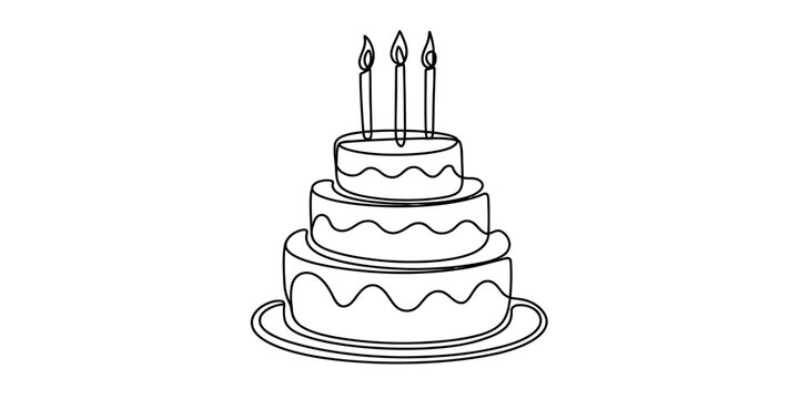 Continuous line drawing of a three layer birthday cake isolated on white background, Vector