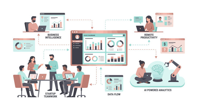 Business Intelligence and Data Analytics &ndash; Office Team Working on Laptops with Interactive Dashboard, Charts and Reports, Flat Illustration