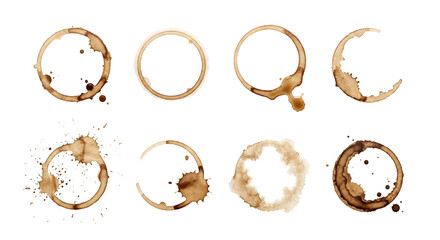 Obraz premium Coffee cup ring stains and splatters set, isolated on transparent background