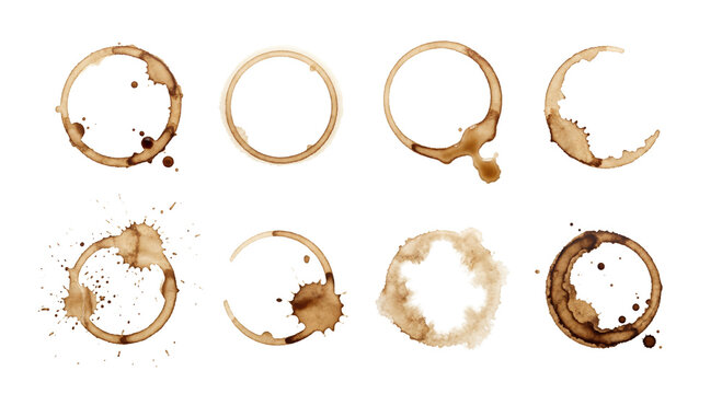 Coffee cup ring stains and splatters set, isolated on transparent background