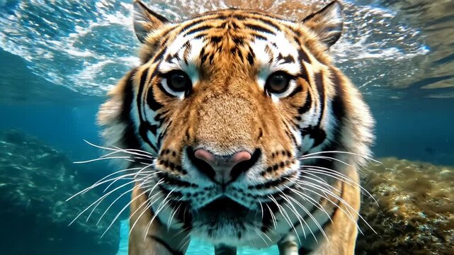Underwater shot of a Bengal tiger swimming towards the camera in blue clear water, showing facial details, stripes, and paws submerged between underwater rocks and sand.