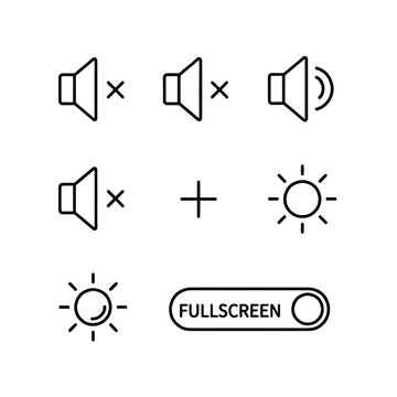 Set of simple line icons for volume control, brightness adjustment, and fullscreen mode, presented on a white background.