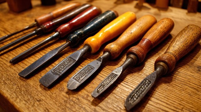 A collection of antique woodworking chisels arranged in a row on a wooden surface