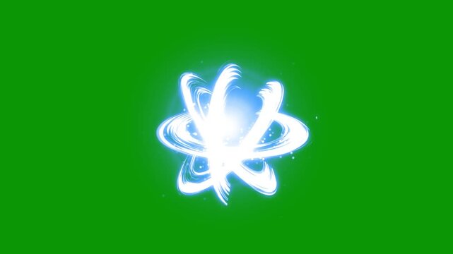 Abstract golden energy transition, glowing light trails, atomic orbit motion, sparkling particles on green background, slash effect animation,  cinematic game hit effect, 4k video.
