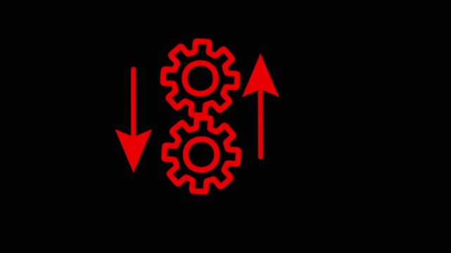 Red gear turning in opposite directions on black background with arrows indicating motion and mechanical process.