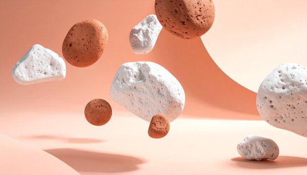 Floating Rocks Composition: Abstract composition showcasing a collection of diverse, textured rocks suspended in mid-air against a soft, gradient backdrop. 