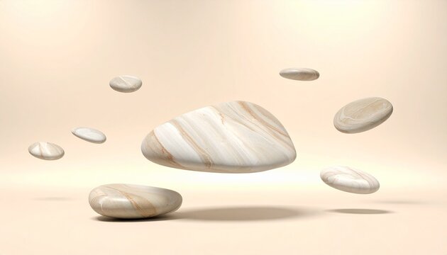 Floating Stones: An ethereal composition of smooth, weathered stones, suspended in mid-air against a soft, neutral backdrop, creating a sense of balance and serenity.