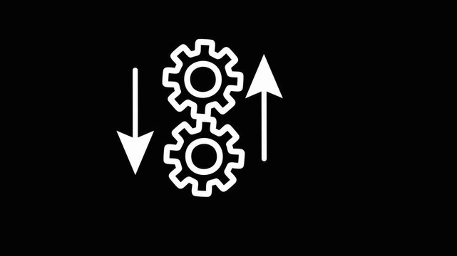 Gear interlocking cogs mechanism with arrows indicating motion and connection on black background for business process workflow and technology concept.