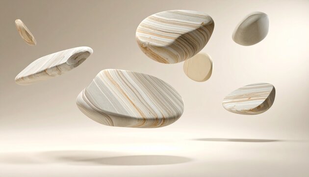 Floating Stones: A collection of elegantly shaped stones float gracefully in mid-air, showcasing a captivating dance of form, texture and light.