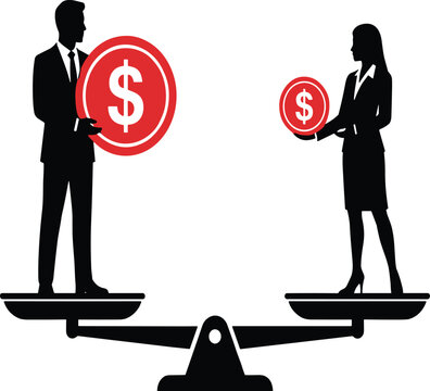 Business gender pay gap concept featuring man and woman silhouettes standing on scales holding unequal dollar coins representing salary inequality,