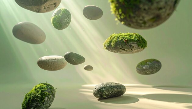 Floating Stones: An ethereal scene of stones suspended in mid-air, bathed in streams of soft light, evoking a sense of tranquility and wonder.