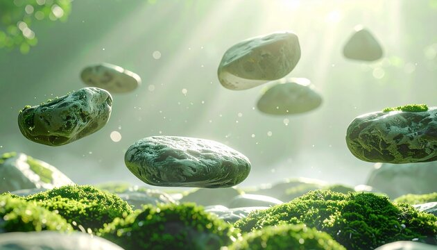 Floating Stones: A mesmerizing view of several levitating stones in an enchanting forest, capturing a sense of calm and wonder.