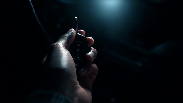 Hand holding a car key fob in dim lighting