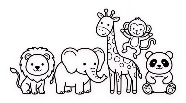 Adorable line art collection of popular jungle animals including a lion elephant giraffe monkey and panda perfect for children educational materials and coloring pages