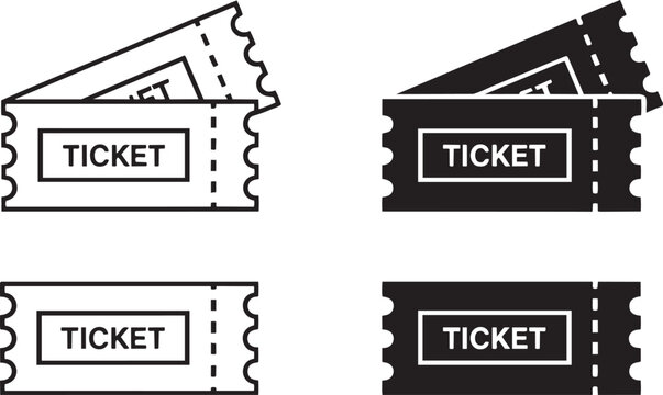 Set of ticket icons simple vector illustrations in black and white for event access or admission isolated on white background