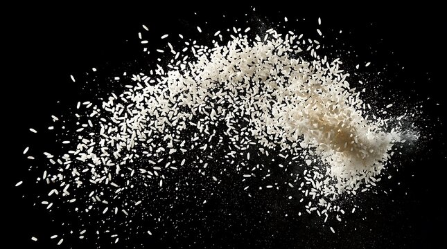 Explosive scattering of fine white granules, creating a dynamic visual against a stark black backdrop