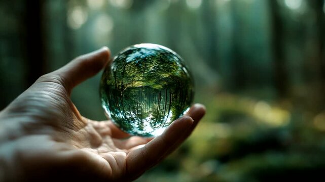 Hand holding a crystal ball reflecting forest scene