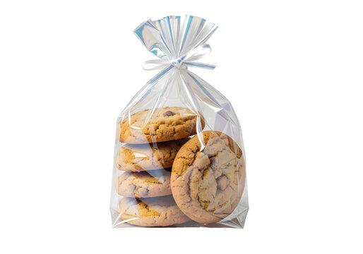 handmade oatmeal cookies gift bag with blue ribbon on white background
