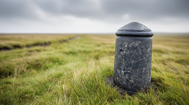 A rugged geodetic survey marker post stands stoically in a vast, grassy field under a cloudy sky.
