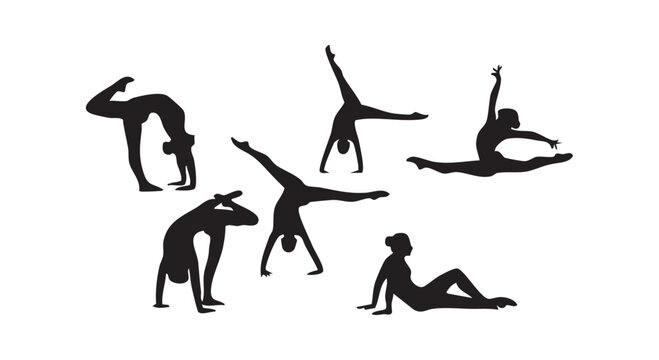 Gymnastics girls silhouettes practicing artistic routine poses including handstand and flexibility exercises in vector.