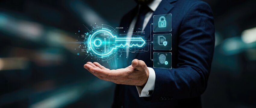 Digital security action key technology visualization modern office environment graphic content futuristic viewpoint cybersecurity concept for enhanced protection