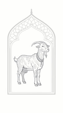 Eid al-Adha sacrificial goat vector illustration in Islamic arch