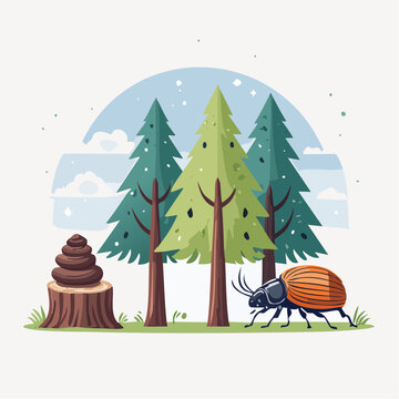Cartoon beetle and poop pile in a forest setting