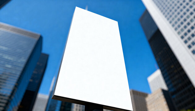 Professional vertical blank advertisement hoarding on a sleek monolithic structure in a clean corporate city environment with clear blue sky background