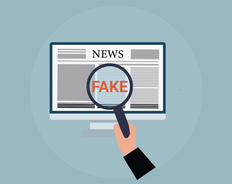 Fake News Detection Concept with Magnifying Glass over Computer Monitor Screen for Fact Checking, Disinformation Awareness, and Media Literacy Vector Illustration