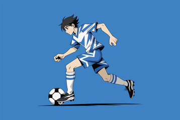 Fototapeta premium Soccer player vector illustration. Young male athlete dribbling a football in action, ready for your design