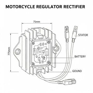 A technical illustration of a motorcycle regulator rectifier component with labeled parts.