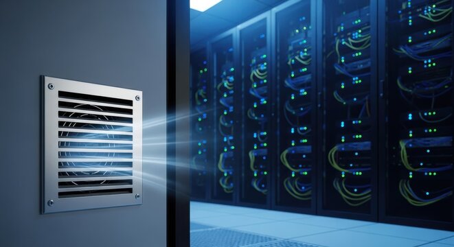 Server room ventilation grille facilitating cool airflow to connected racks of technology equipment