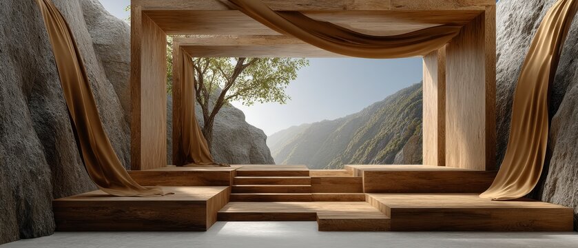 Minimalist wooden stage platform with flowing fabric curtains inside rocky mountain cavern setting providing natural sunlight and scenic outdoor landscape view