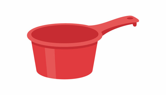 A simple red plastic water ladle with a long handle, perfect for scooping water from a large container or for household chores