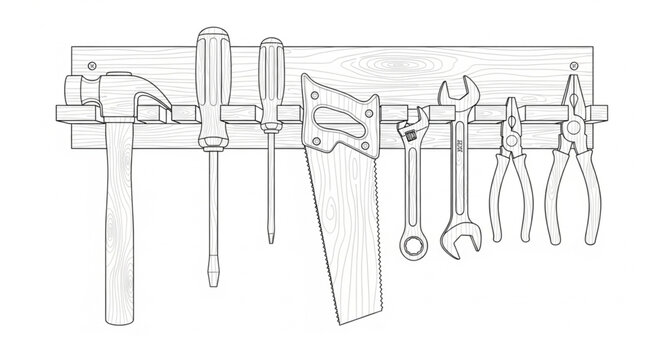 A selection of various tools hangs organized on a workshop pegboard.