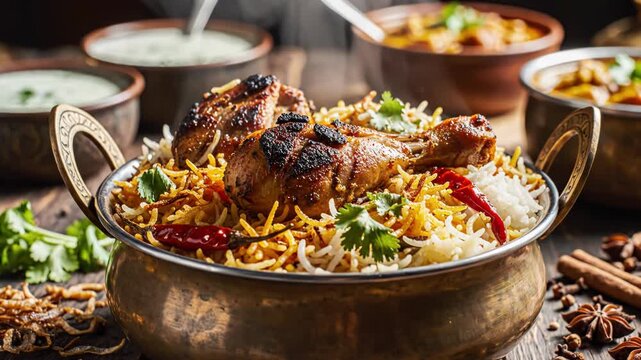 Steaming chicken biryani served in a traditional bronze bowl with roasted leg pieces and fresh cilantro, surrounded by raita, curry, and whole spices on a rustic dark wooden table.