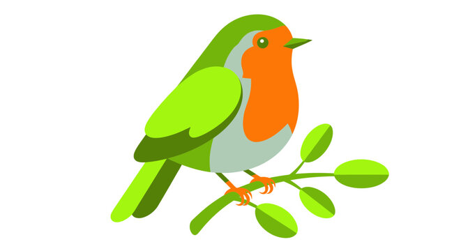 Cute Robin Bird Perched on a Branch with Leaves, Flat Design
