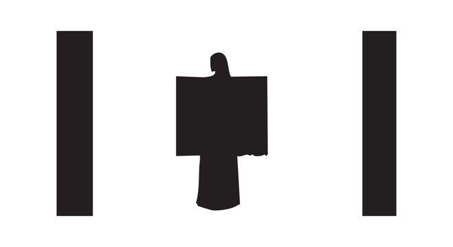 Minimalist symbol of figure between two vertical rectangular pillars representing abstract human form in black and white.