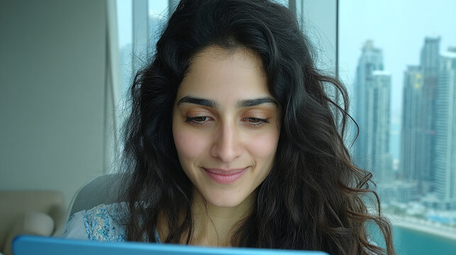Young woman with long dark hair looking intently and smiling at a blue screen device