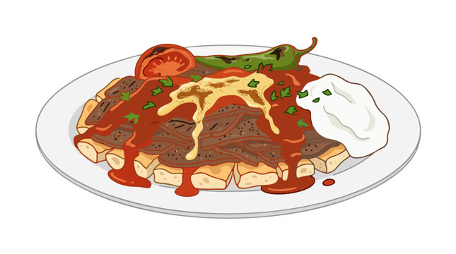 turkish iskender kebab with sliced meat tomato sauce and yogurt vector illustration