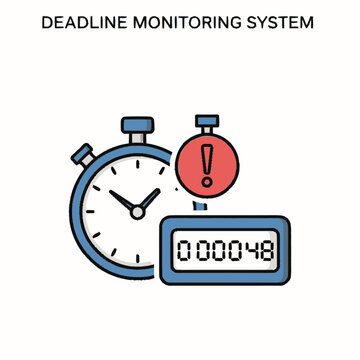 Deadline monitoring system with stopwatch and digital timer showing 48 seconds and an alert icon.