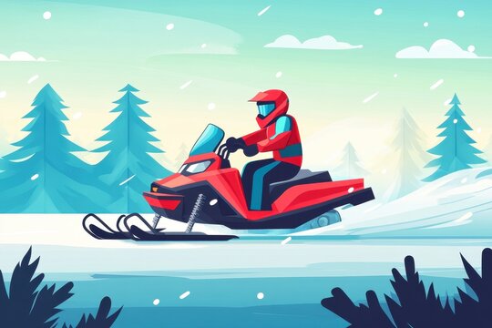 Red snowmobile with rider on a frozen lake illustration