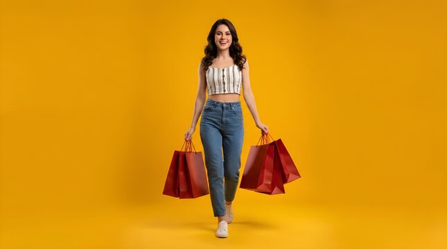 Joyful Woman with Red Shopping Bags on Vibrant Yellow Background