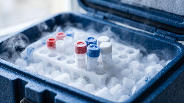 Medical test tubes with blood samples stored in a cryogenic container filled with dry ice