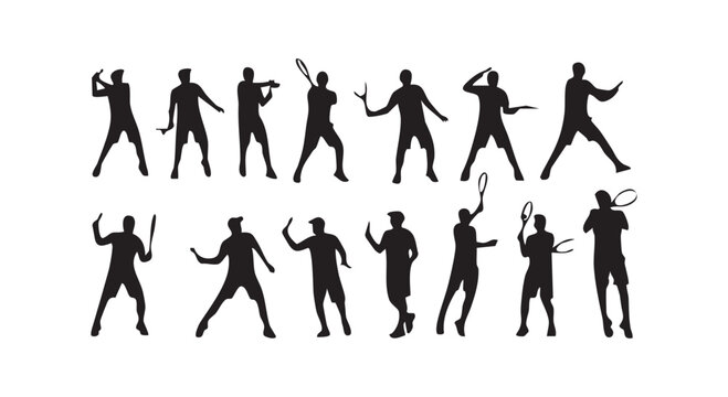 Professional tennis players collection of black silhouettes showing different stances and swings for athletic training.