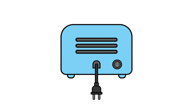 Minimalist flat vector illustration showcasing the rear perspective of a light blue electric toaster, complete with its power cable and plug. A modern kitchen necessity